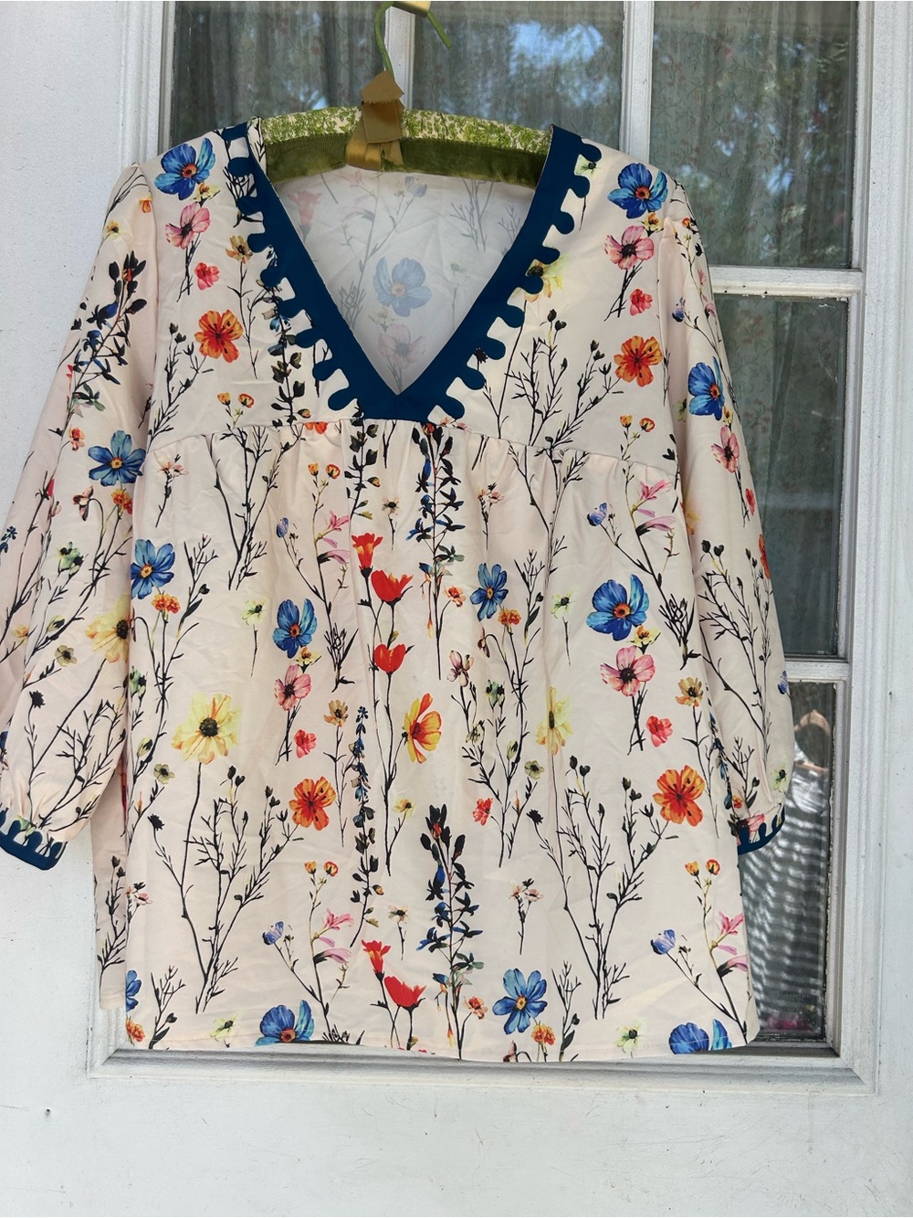 Floral V-Neck Peasant Blouse - Cream with Multicolor Floral Print
